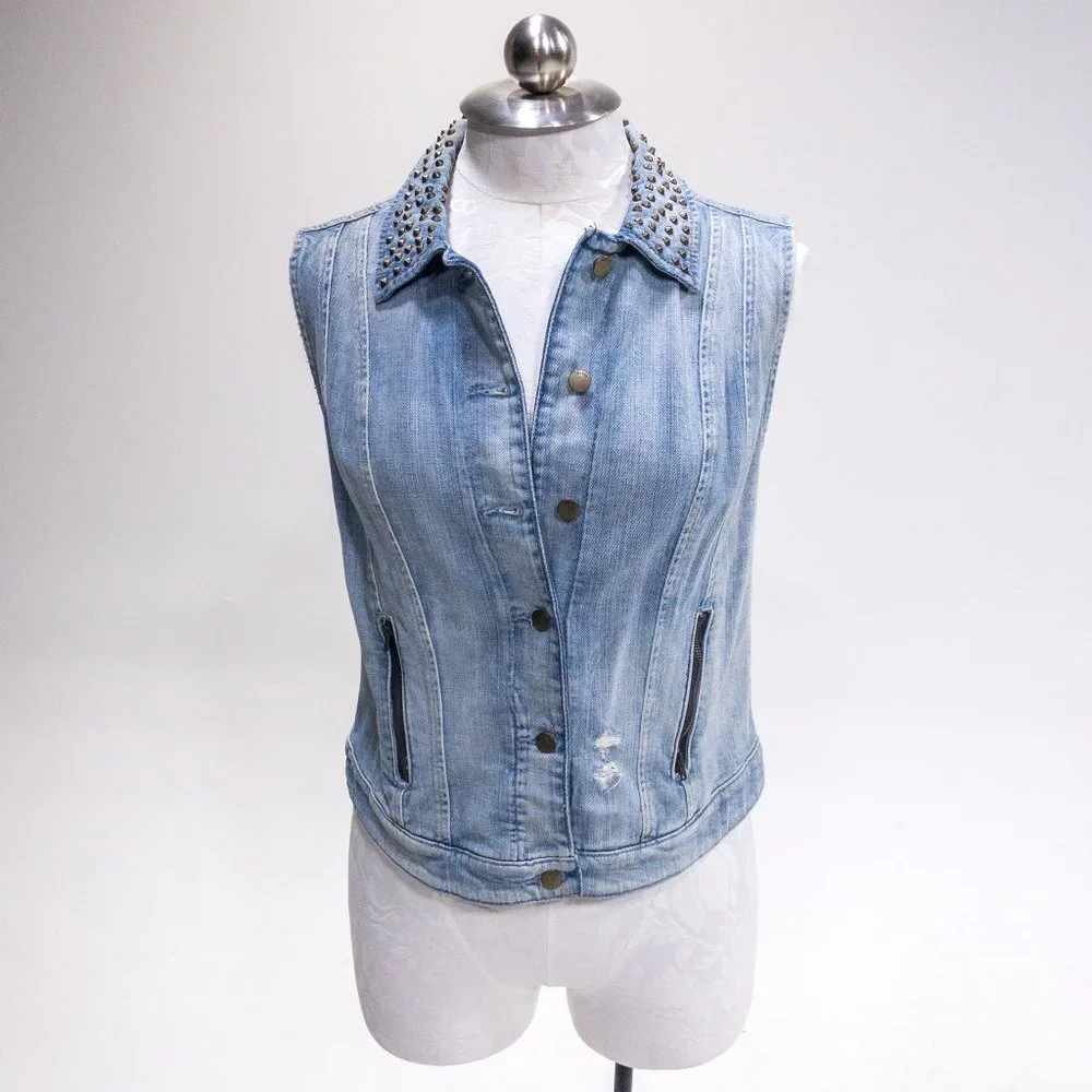 Guess M Sleeveless Jean Jacket Vest Layer Studded Collar Pattern Back Crop Top - Picture 4 of 16